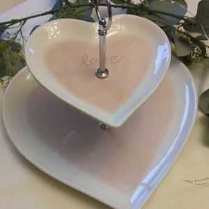 POTTERY BARN 2-Tier Heart Shaped Serving Tray Watercolor Pink "LOVE" Engraving